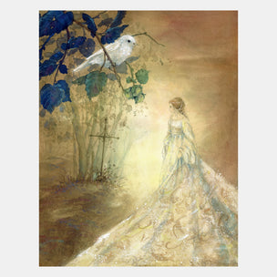 Artistic depiction of a woman in a flowing dress standing near a cross with a bird perched on a branch.