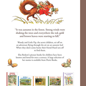Back cover of a book with a squirrel illustration and text about acorn children adventures.