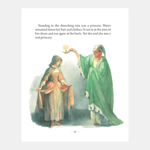 Illustration of two figures in green and beige robes with text about a princess in rain.