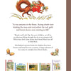 Back cover of a book with a squirrel illustration and text about acorn children adventures.