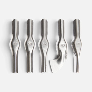 Five metallic carving or sculpting tools arranged upright on a light gray background, with engraved numbers 1 through 5 visible on the handles.