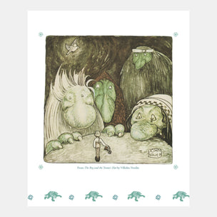 Illustration by John Bauer featuring three large creatures and a small figure, with a white border.