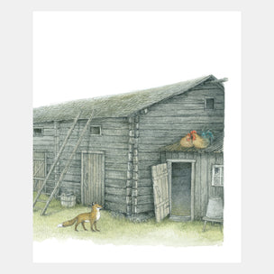 Illustration of a fox near a wooden shed with a rooster on a white background