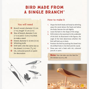 Instructions for making a bird from a single branch with illustrations and text.