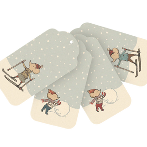 Set of four Christmas-themed coasters with illustrations of a bear and a snowman on a white background.