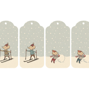 Set of four winter-themed gift tags with illustrations of a boy skiing and making a snowman.