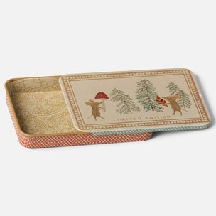 A Maileg rectangular decorative box with its lid propped open, featuring a vintage-style illustration of two mice among pine trees on a cream background. The tin has a warm beige interior pattern and a red-and-white checkered exterior, with 'LIMITED EDITION' printed on the lid.