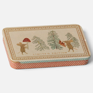 A rectangular Maileg metal box with rounded corners, decorated with a vintage-style illustration of two mice among pine trees and a red mushroom. The lid reads 'LIMITED EDITION.