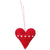 A red heart-shaped fabric hanging ornament with white embroidered hearts, dots, and stitched lines, suspended by a thin red string against a plain white background.