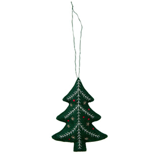 A dark green felt Christmas tree ornament with white embroidered branches and small red and gold decorative accents, hanging by a thin green string against a plain white background.