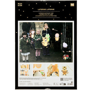 Rico Kids LATERNE LATERNE lantern craft kit packaging, featuring a central photo of children wearing tiger lantern costumes and smaller diagrams of the included craft pieces on a black background.