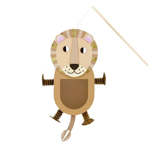 A wooden lion hanging puppet toy with a string and stick, shown against a plain white background.