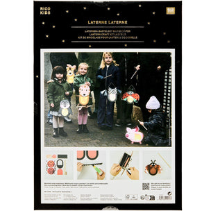 Rico Kids Lâtterne craft kit packaging, featuring a black background with gold stars, product title in German and English, a large photo of children holding paper lanterns, and four small step-by-step crafting illustrations at the bottom.