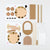 A children's craft activity kit featuring two printed sheets of animal face and body cutouts, along with several brown cardboard pieces, wooden sticks, and a white sign holder, arranged on a light gray background.