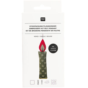 felt embroidery kit in candlestick shape, presented in its original white packaging box with German text and product illustration.