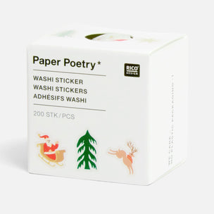 A white square box of Paper Poetry washi stickers, featuring festive illustrations of Santa Claus, a Christmas tree, and a reindeer on a clean white background.