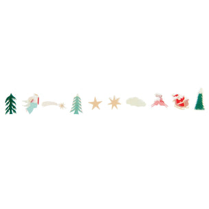 A long, narrow strip featuring a row of small Christmas-themed illustrations on a plain white background, including pine trees, stars, a shooting star, a cloud, reindeer, Santa, and a Christmas tree.