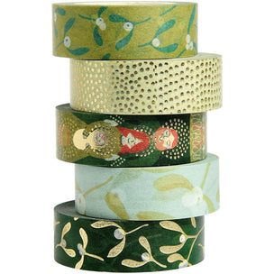 A stack of five decorative washi tapes with various patterns including gold foil mistletoe, gold textured dots, illustrated figures, and green botanical designs on a white background.