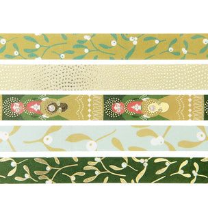 Five horizontal strips of patterned washi tape displayed side by side on a white background. The designs include green leaves and white berries, a textured cream dotted pattern, folk-art style figures in red, green, and gold, white berries on a pale blue background, and dark green leaves with gold and white berries.