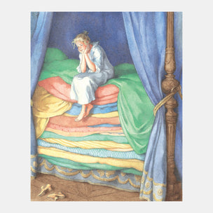 Illustration of a person sitting on a bed with colorful bedding and blue curtains.