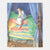 Illustration of a person sitting on a bed with colorful bedding and blue curtains.
