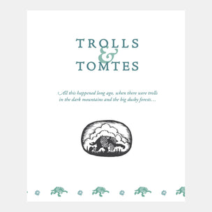 Book cover of 'Trolls & Tomtes' with text and a mountain illustration on a white background.