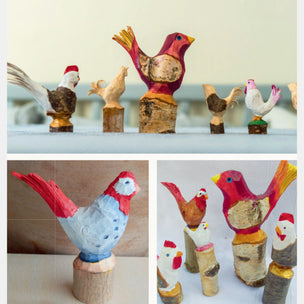 Collage of wooden bird figurines on stands with a neutral background