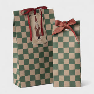 Maileg Two checkered gift bags with red ribbons and Santa Claus tag on a white background