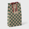 Maileg Checkered gift bag with a tag featuring a vintage-style illustration on a white background