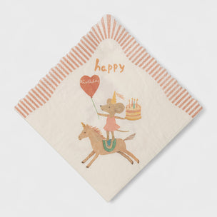 Maileg Napkin with a design of a mouse on a horse, holding a cake and balloon, with 'happy birthday' text.