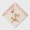 Maileg Napkin with a design of a mouse on a horse, holding a cake and balloon, with 'happy birthday' text.