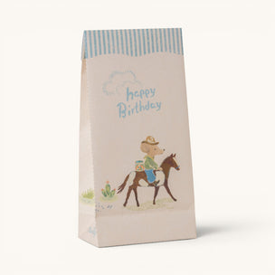 Gift bag with a mouse riding a horse and 'happy birthday' text on a white background