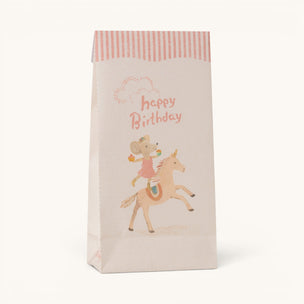 Gift bag with a mouse on a unicorn design and 'Happy Birthday' text.