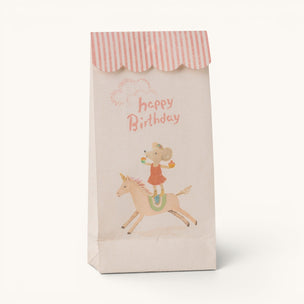 Gift bag with a mouse on a unicorn design and 'Happy Birthday' text.