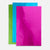 Three glossy metallic foil sheets in bright pink, blue, and green, stacked slightly offset against a clean white background.