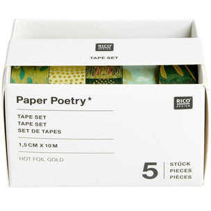 Rico Design Paper Poetry Tape Set in a white box, showing five decorative washi tapes with gold foil and patterned designs peeking out from the top.