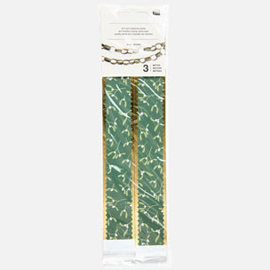 Pack of three green patterned paper chains with gold trim, sealed in a clear plastic retail package against a light gray background.