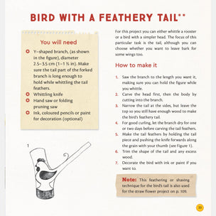 Instructions for making a bird with a feathery tail from a book, including materials needed and steps to follow.