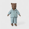 Maileg teddy bear wearing a blue checkered outfit on a white background