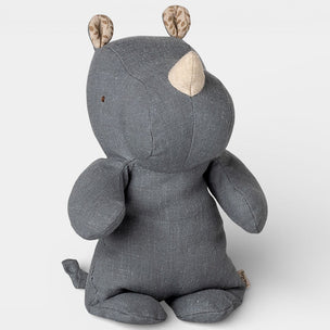 Gray stuffed animal toy with brown ears on a white background