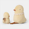 Two beige soft toy chicks  with lace details on a white background