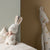 Stuffed rabbit toy on a bed with a neutral wall background