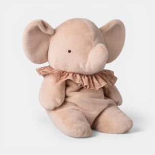 Plush elephant toy with a ruffled collar on a white background
