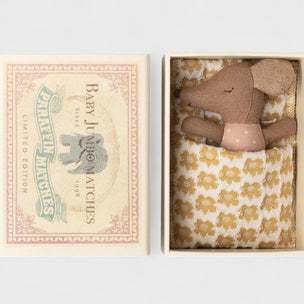 Maileg Small brown mouse toy in a decorative box with floral pattern, inside an open matchbox packaging.