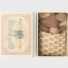 Maileg Small brown mouse toy in a decorative box with floral pattern, inside an open matchbox packaging.