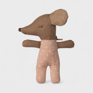 Maileg baby toy mouse with a polka dot body on a light gray background