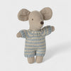 Maileg toy baby mouse in a knitted sweater on a white background