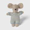 Maileg baby mouse in a knitted blue and beige outfit on a white background