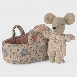Maileg baby mouse toy with floral-patterned basket on a white background