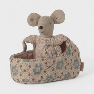 Maileg Toy mouse in a floral-patterned carrier on a white background